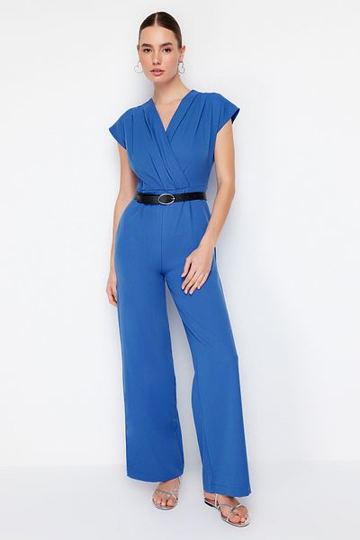Trendyol Collection Indigó öves duplasoros gallérral széles lábú szőtt jumpsuit TWOSS21TU0004