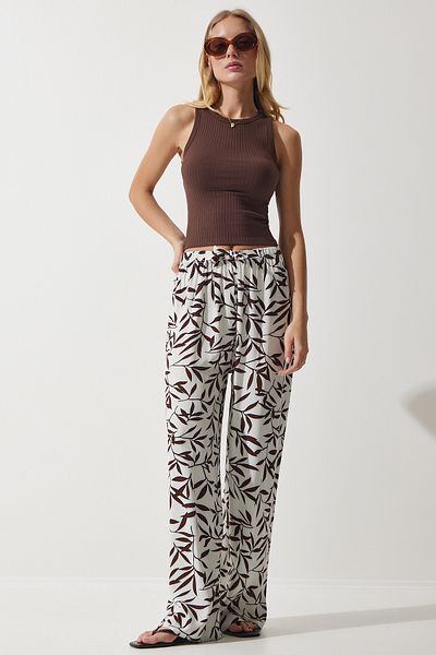 Happiness İstanbul Palazzo-Hose aus fließender Viskose in Ecru-Braun mit Muster EN00606 für Damen