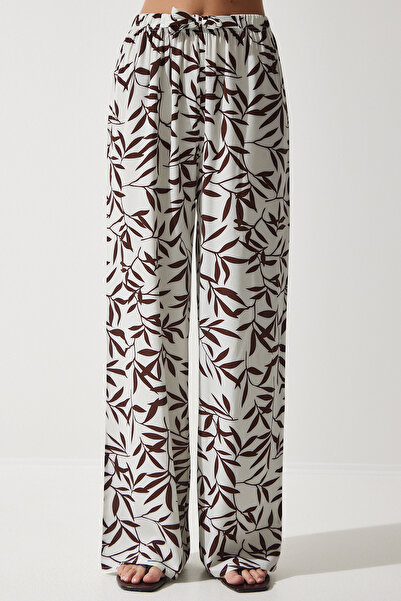 Happiness İstanbul Women's Ecru Brown Patterned Flowing Viscose Palazzo Trousers EN00606