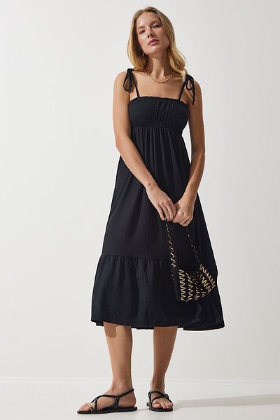 Happiness İstanbul Schwarzes Crinkle-Strickkleid mit Trägern für Damen, UB00250