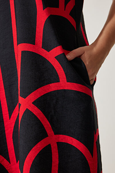 Happiness İstanbul Damen Sommer Glockenkleid Schwarz Rot Gemustert BV00053