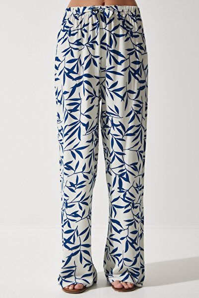 Happiness İstanbul Women's White Navy Blue Patterned Flowing Viscose Palazzo Trousers EN00606
