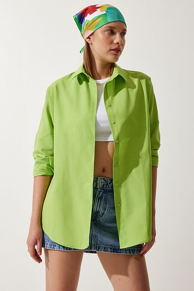 Happiness İstanbul Pistaziengrünes, langes Oversize-Basic-Shirt für Damen DD00842