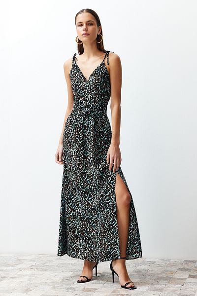 Trendyol Collection Rochie maxi țesută albastră cu imprimeu leopard, cu două piepturi, cu detaliu, TWOSS23EL01892