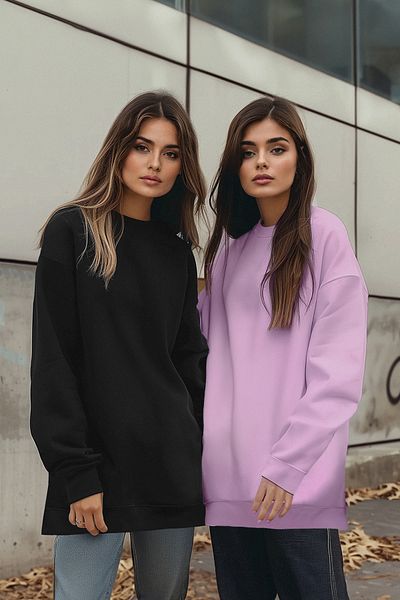 Trendyol Modest Czarno-liliowa, 2-pakowa podstawowa bluza z okrągłym dekoltem TCTAW22TW0152