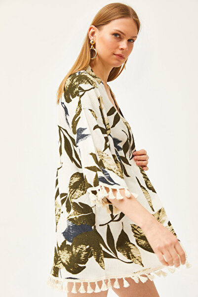 Olalook Kimono tricotat casual cu ciucuri, verde piatră, pentru femei KMN-00000056