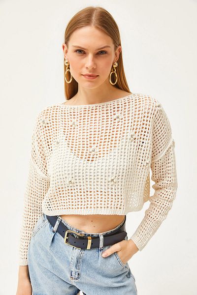 Olalook Women's Ecru Bead Detailed Openwork Cotton Knitwear Blouse BLZ-19002534