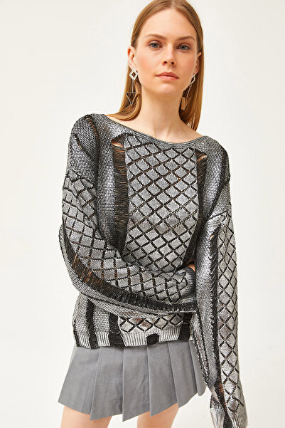 Olalook Bluză de damă argintie, împletită metalizată, BLZ-19002529