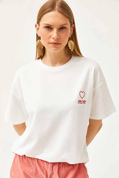 Olalook Γυναικείο εκρού μαμά μπλουζάκι υπερμεγέθη με 2 κλωστές TSH-19000785