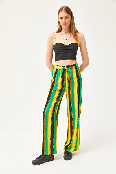 Olalook Women's Chain Yellow Patterned Woven Viscose Palazzo Pants PNT-19000264