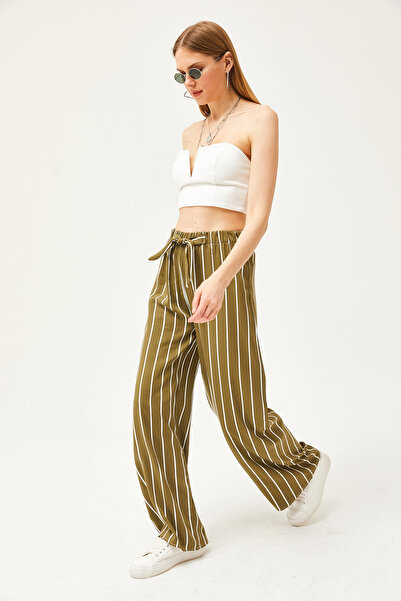 Olalook Kadın Çizgili Haki Desenli Dokuma Viskon Palazzo Pantolon PNT-19000264