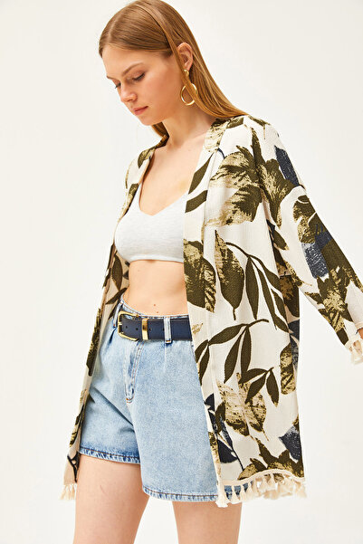 Olalook Kimono tricotat casual cu ciucuri, verde piatră, pentru femei KMN-00000056