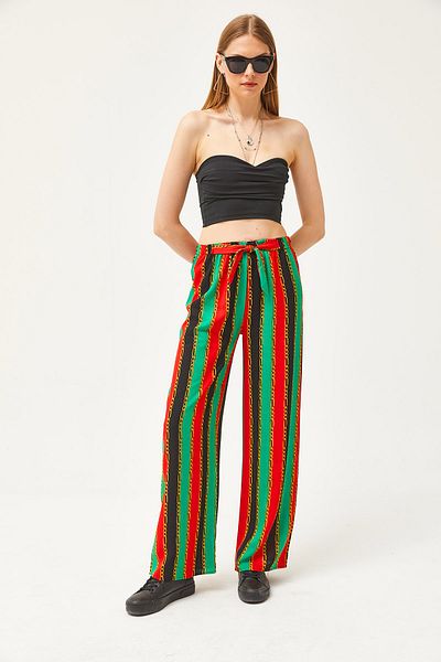 Olalook Women's Chain Red Patterned Woven Viscose Palazzo Pants PNT-19000264