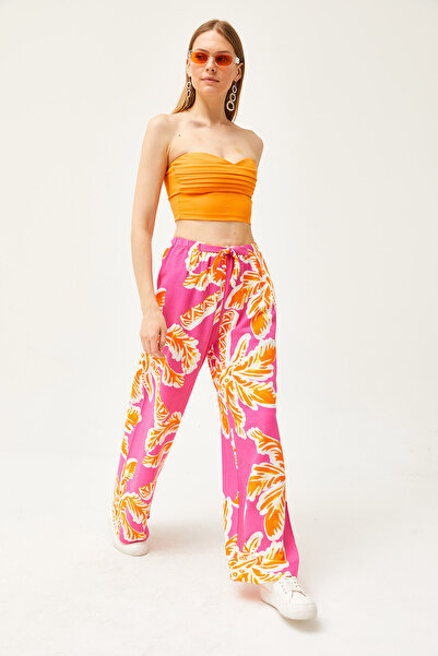 Olalook Γυναικείο λινό Palazzo Παντελόνι με Φούξια-Πορτοκαλί σχέδιο PNT-19000262