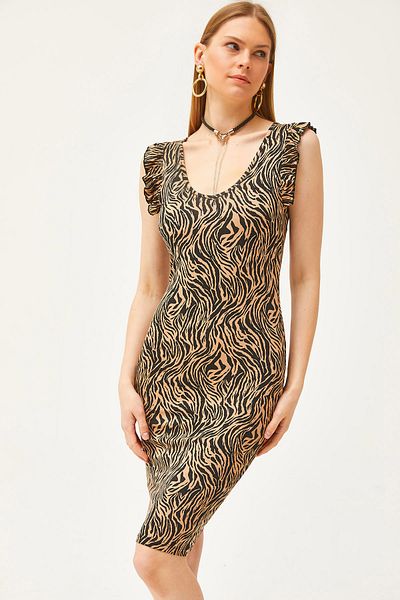Olalook Γυναικείο φόρεμα Zebra Mink V-Neck Shoulder Ruffle Crystal Viscose ELB-19002060