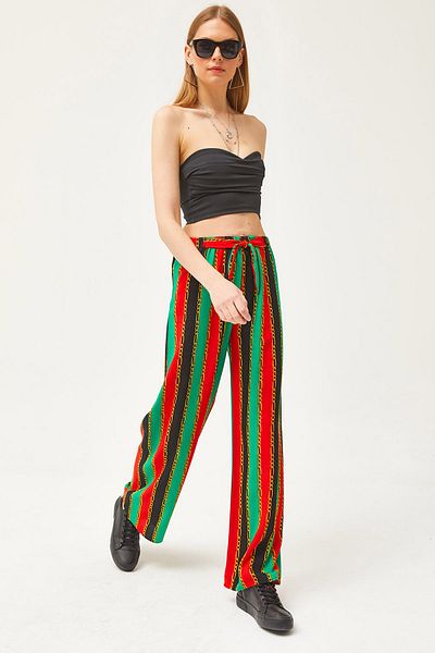 Olalook Women's Chain Red Patterned Woven Viscose Palazzo Pants PNT-19000264