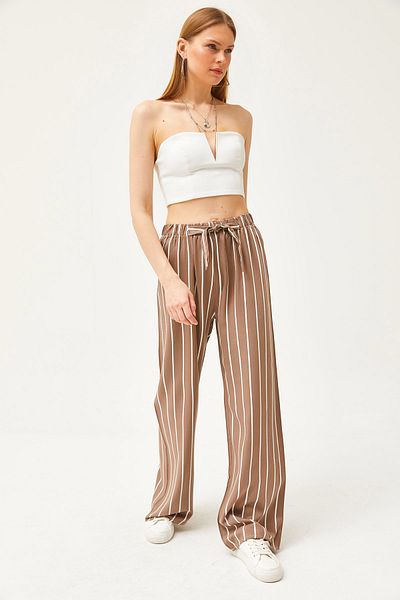 Olalook Palazzo-Hose aus gewebter Viskose mit Streifenmuster für Damen, Nerzmuster, PNT-19000264
