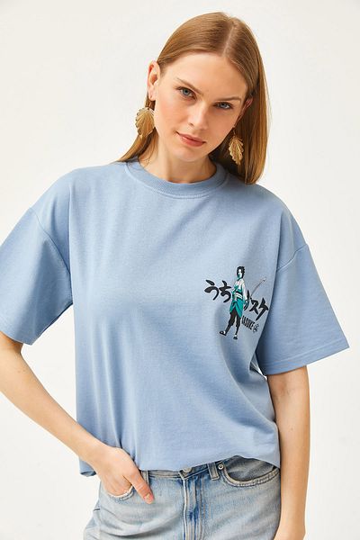 Olalook Tricou supradimensionat unisex cu 2 fire pentru femei albastru japonez TSH-19000696