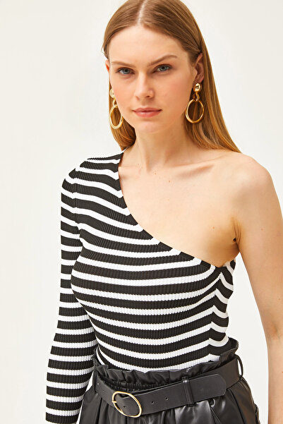 Olalook Bluză de damă, neagră, cu dungi, cu un singur umăr, cu talie, tricotaj, BLZ-19001638