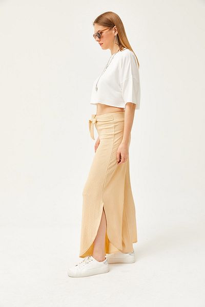 Olalook Beige Strickhose mit Gürtel und Seitenschlitz für Damen PNT-19000265