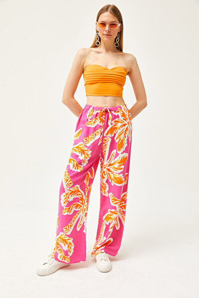 Olalook Γυναικείο λινό Palazzo Παντελόνι με Φούξια-Πορτοκαλί σχέδιο PNT-19000262