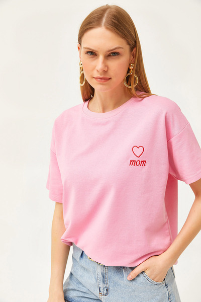 Olalook Γυναικείο μπλουζάκι ροζ μαμά κεντημένο με 2 κλωστές υπερμεγέθη TSH-19000785