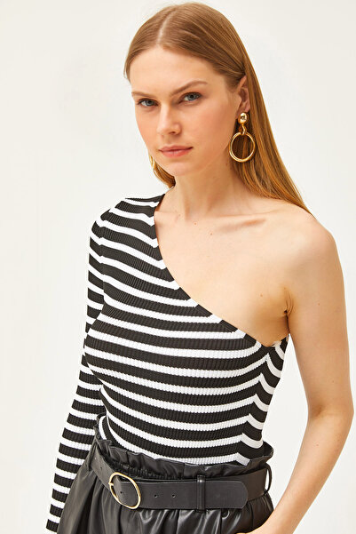 Olalook Bluză de damă, neagră, cu dungi, cu un singur umăr, cu talie, tricotaj, BLZ-19001638