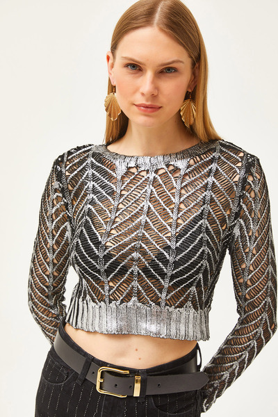 Olalook Kadın Gümüş Ajurlu Metalik Triko Bluz BLZ-19002527