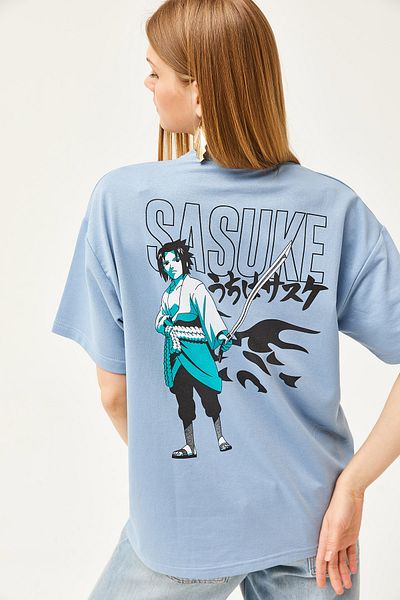 Olalook Tricou supradimensionat unisex cu 2 fire pentru femei albastru japonez TSH-19000696