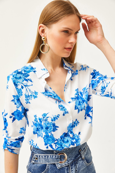 Olalook Dámská modrá velká květinová tkaná košile GML-19001182