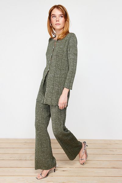 Trendyol Collection Khaki Glitter Cardigan-Pants Knitwear Top and Bottom Set TWOSS24AU00007