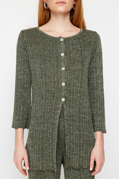 Trendyol Collection Khaki Glitter Cardigan-Pants Knitwear Top and Bottom Set TWOSS24AU00007