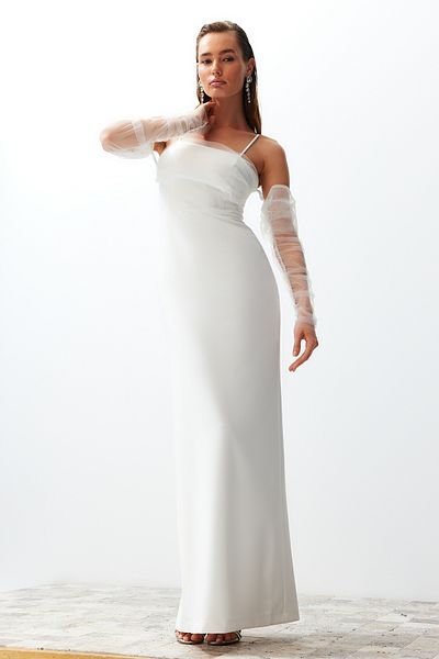 Trendyol Collection Бяла булчинска нощна вечерна рокля Mehmet Дълги нощни рокли TPRSS24AE00016