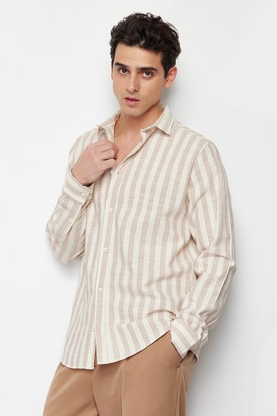 Trendyol Collection Gestreiftes Hemd mit normaler Passform - Stein TMNSS24GO00048