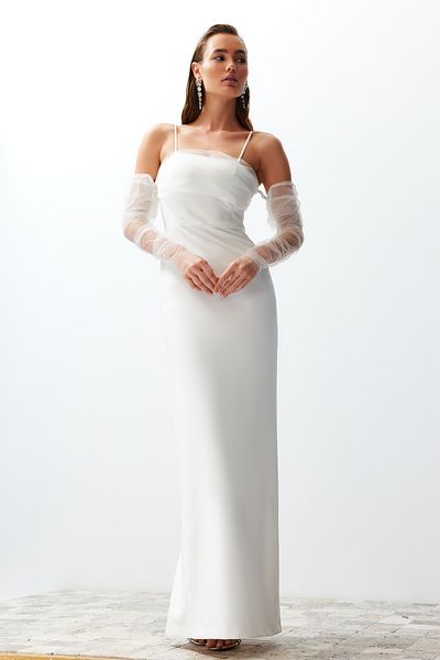 Trendyol Collection Бяла булчинска нощна вечерна рокля Mehmet Дълги нощни рокли TPRSS24AE00016