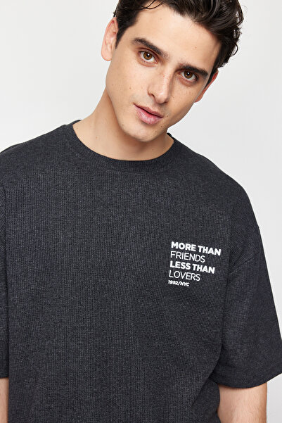 Trendyol Collection Anthracite Color Oversize Printed Waffle T-Shirt - TMNSS24TS00088