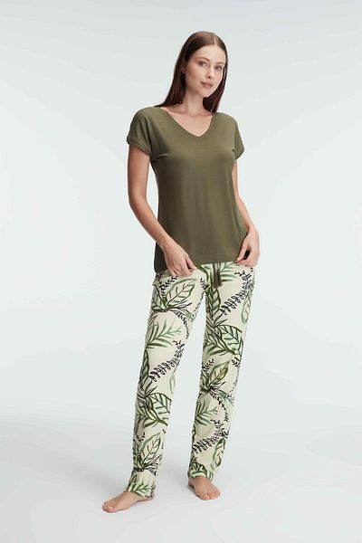 ANIL AMBALAJ Short Sleeve V-Neck Women's Viscose Floral Patterned Summer Knitted Lace Detailed Pajamas Set