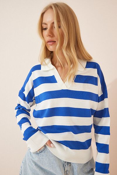 My love butik Women's Ecru Blue Polo Collar Striped Knitwear Sweater