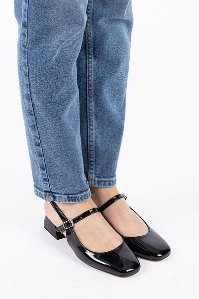 Getcho Saka Women's Open Back Blunt Toe Black Patent Leather Short Heeled Shoes