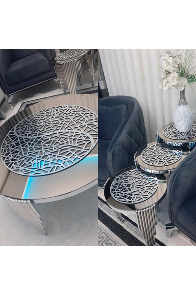 KEÇECİ ŞEYDA Orta sehpa örtüsü ve 3’lü zigon peçeteleri GÜMÜŞ DERİ (ikili ort...