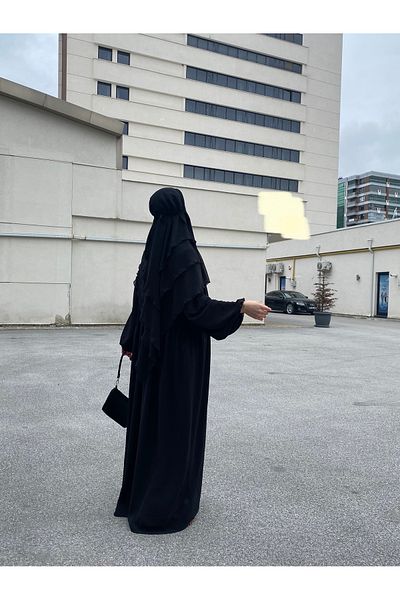 SAVANNAHSTAR Μαύρο μοντέρνο Hijab Abaya - Μπαλόνι μανίκι και δέσιμο στον καρπό, χαλαρό σάλι σουφλέ σιφόν με πέπλο