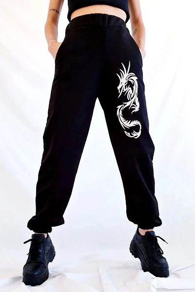 AEMİ Unisex εμπριμέ ψηλόμεσο ελαστικό πόδι Jogger μαύρο φούτερ