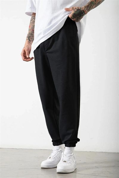 AEMİ Unisex εμπριμέ ψηλόμεσο ελαστικό πόδι Jogger μαύρο φούτερ