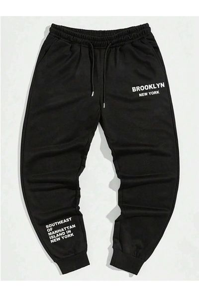 AEMİ Unisex BROOKLYN εμπριμέ ψηλόμεσο ελαστικό πόδι Jogger μαύρο φούτερ
