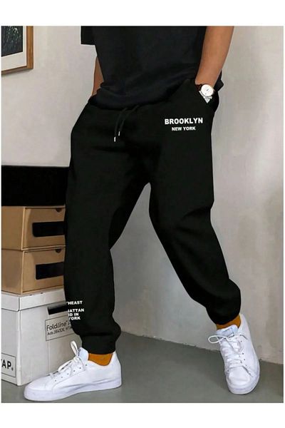AEMİ Unisex BROOKLYN εμπριμέ ψηλόμεσο ελαστικό πόδι Jogger μαύρο φούτερ