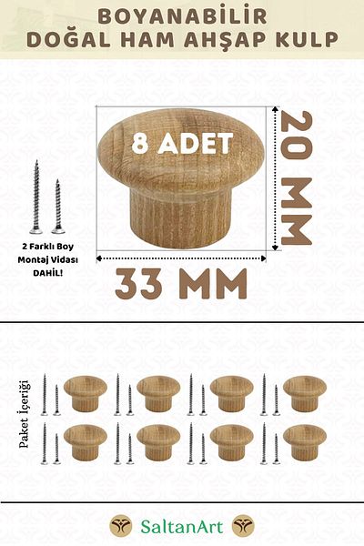 SaltanArt Mâner rotund din lemn de plută Mâner de lux pentru sertar dulap pentru copii 8 buc