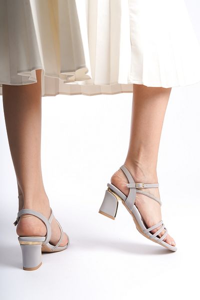 ZİESCE GREY WOMEN'S HEELED SANDALS SHOES WITH CROSSBAND STONE DETAIL