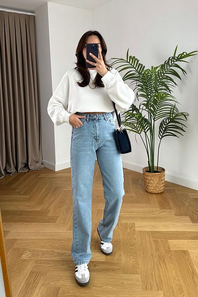 MAKRAS EXCLUSIVE Julia Leo Max Tessa Gold Ikon 90's Blue Snow Lycra Super High Waist Palazzo Loose Jeans