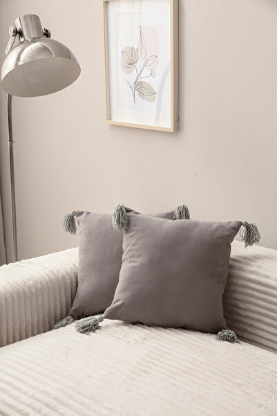 Ottoson Home 2'li Gri Rengi 4 Püsküllü Tek Renk Kırlent Kılıfı 43x43