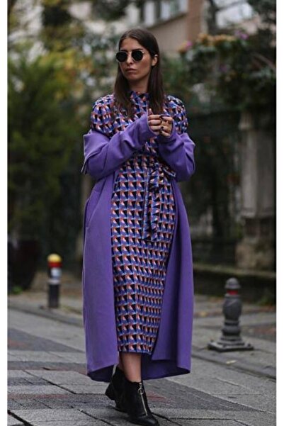 Pitti Women's Lilac Men's Collar Belted Pocket Lined Long Coat 70426